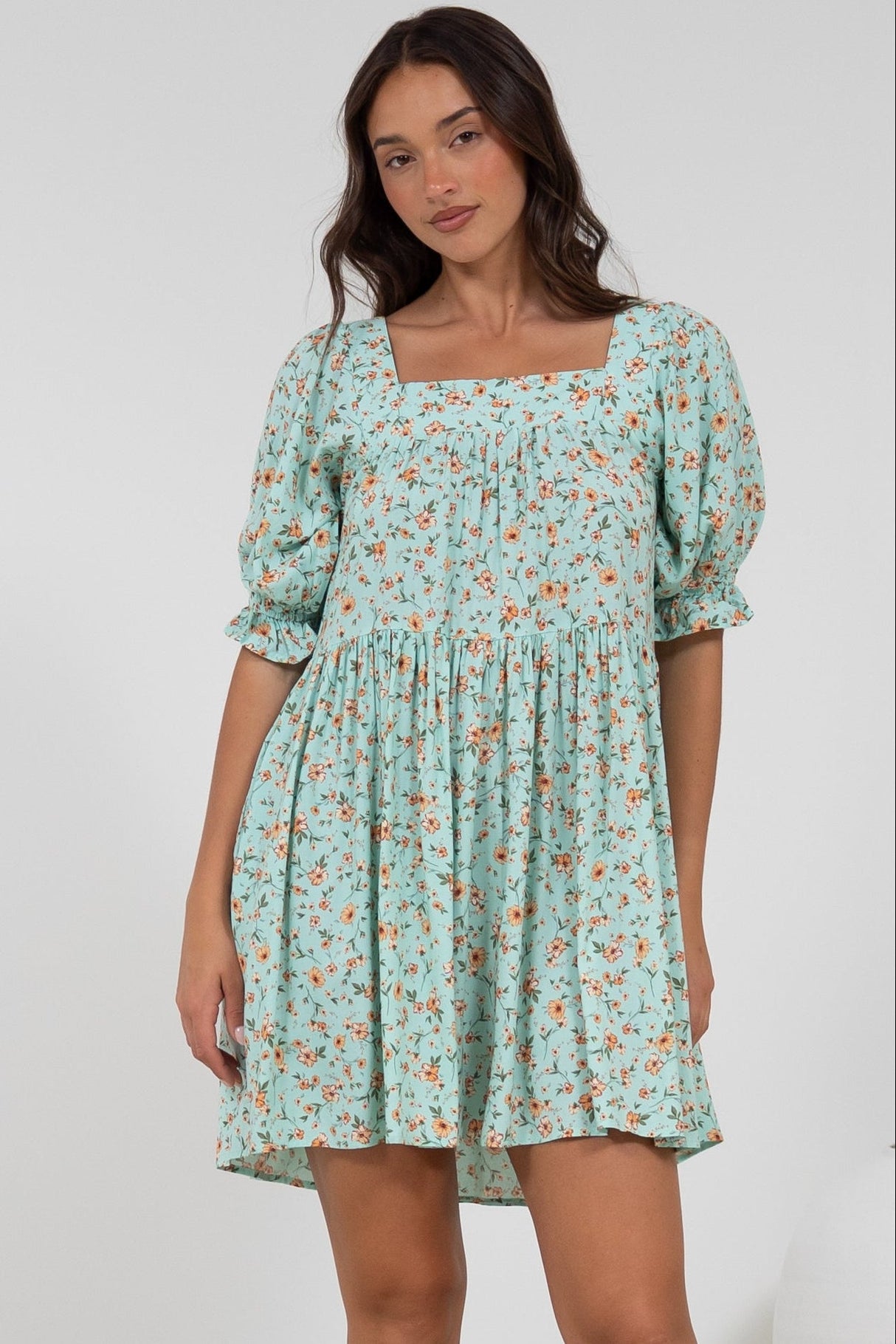 Nola Mini Dress - Square Neckline Babydoll Dress in Minty Print