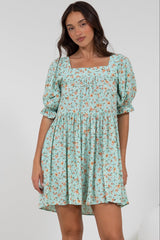 Nola Mini Dress - Square Neckline Babydoll Dress in Minty Print