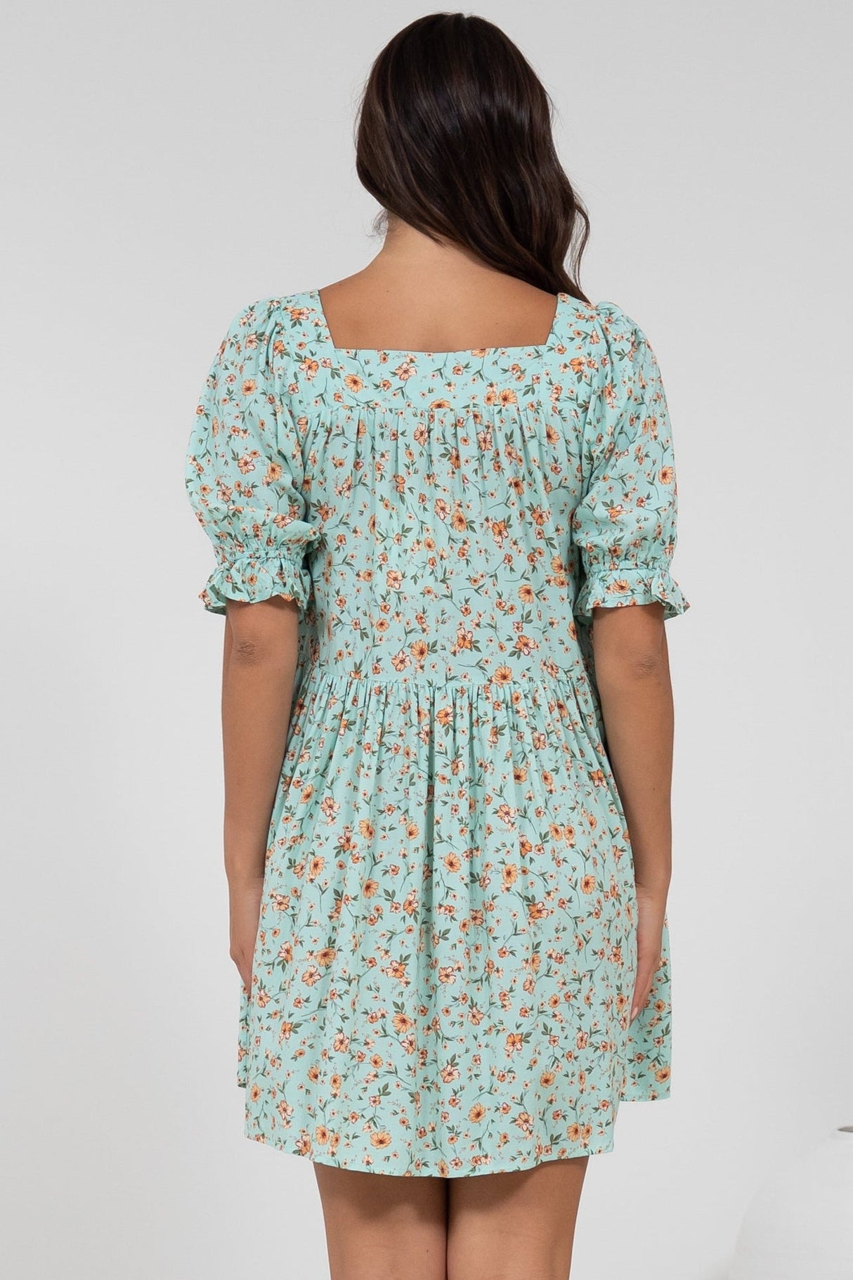 Nola Mini Dress - Square Neckline Babydoll Dress in Minty Print