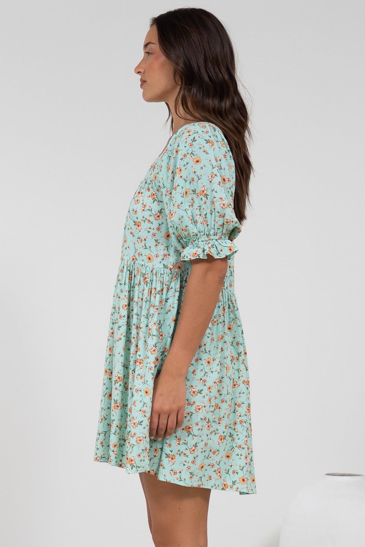 Nola Mini Dress - Square Neckline Babydoll Dress in Minty Print