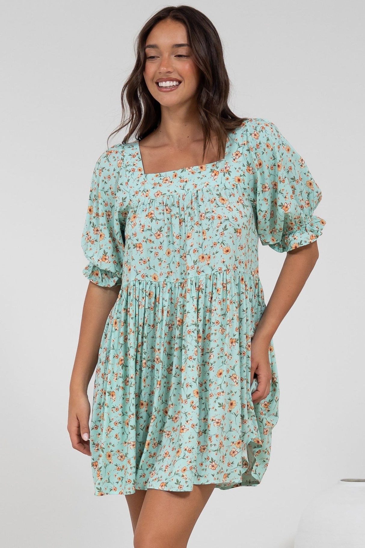 Nola Mini Dress - Square Neckline Babydoll Dress in Minty Print