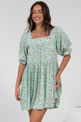Nola Mini Dress - Square Neckline Babydoll Dress in Minty Print