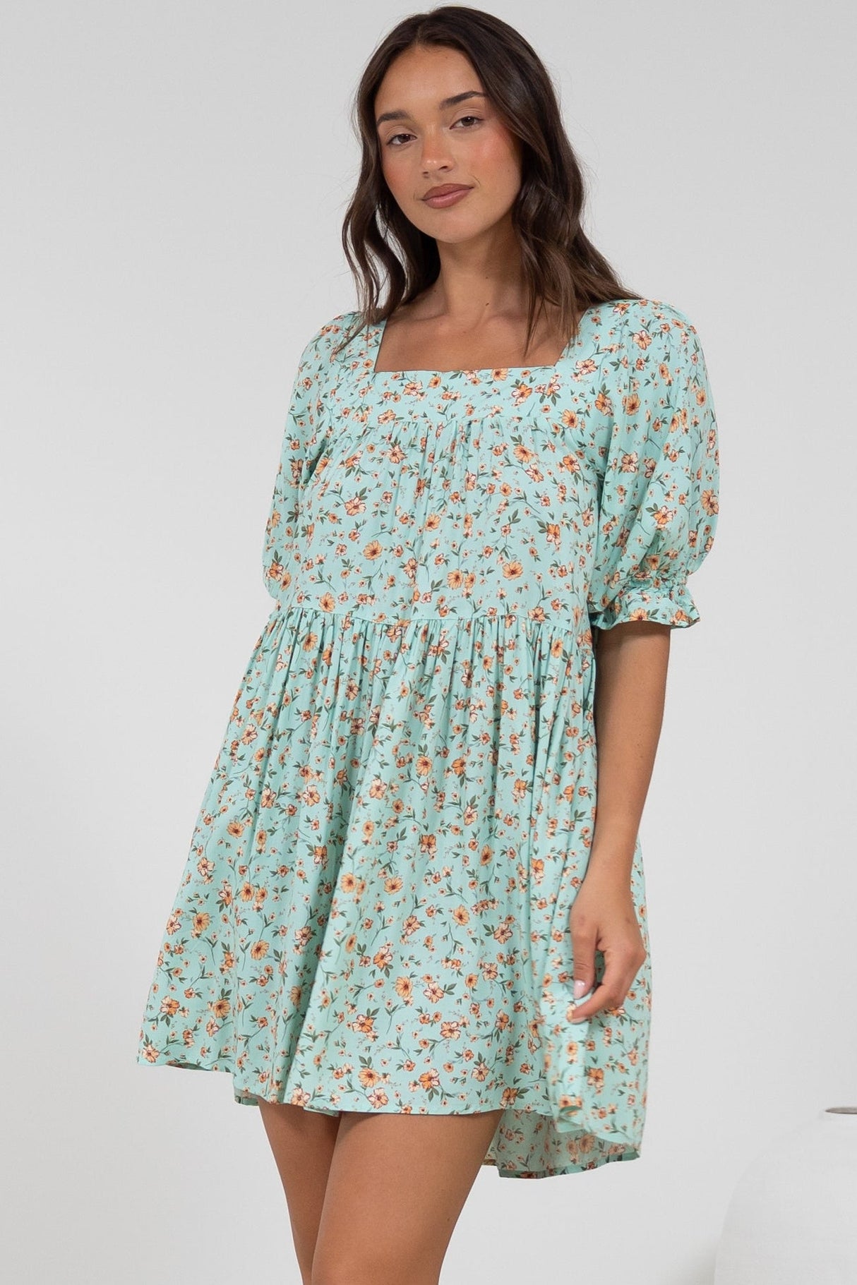 Nola Mini Dress - Square Neckline Babydoll Dress in Minty Print