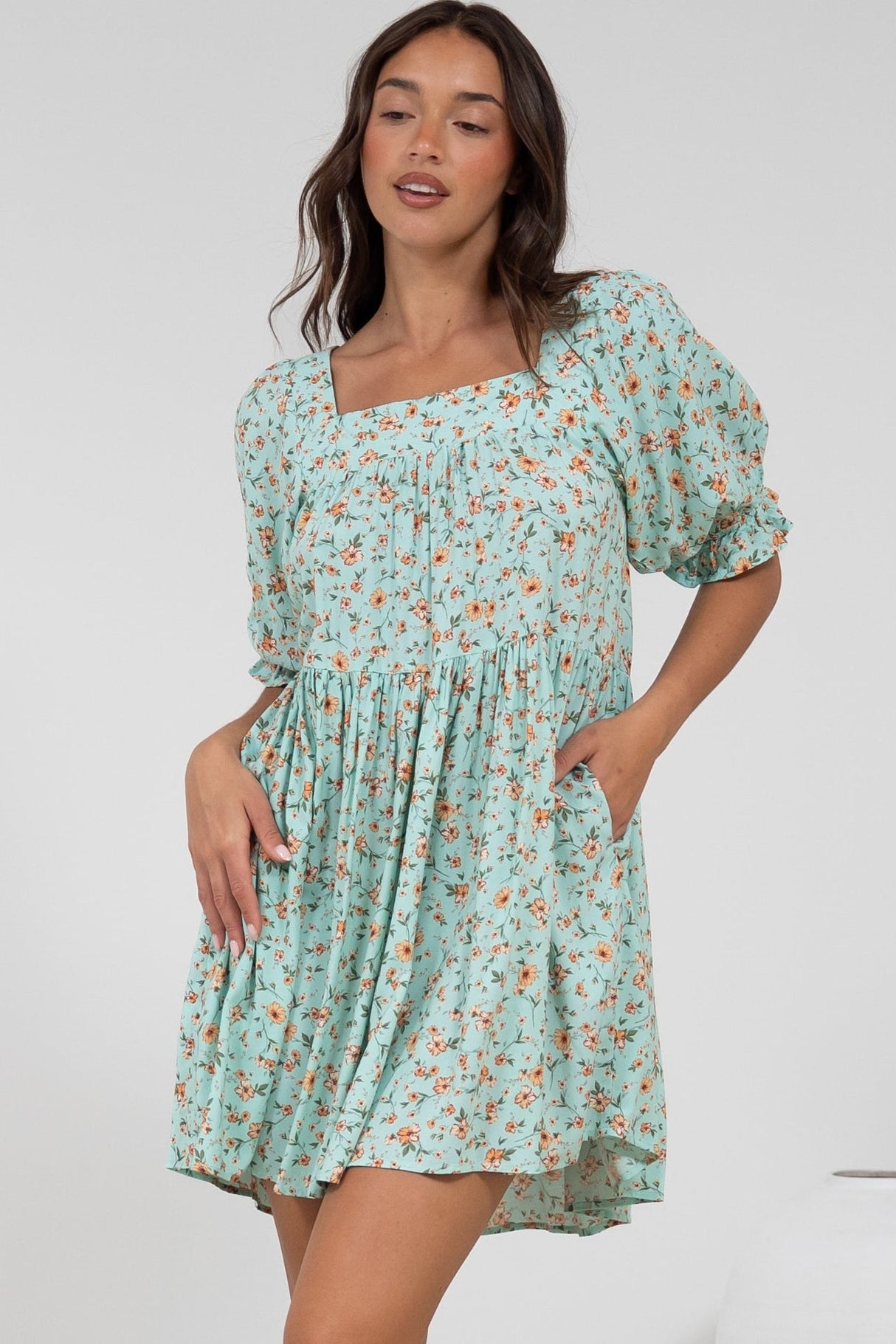 Nola Mini Dress - Square Neckline Babydoll Dress in Minty Print