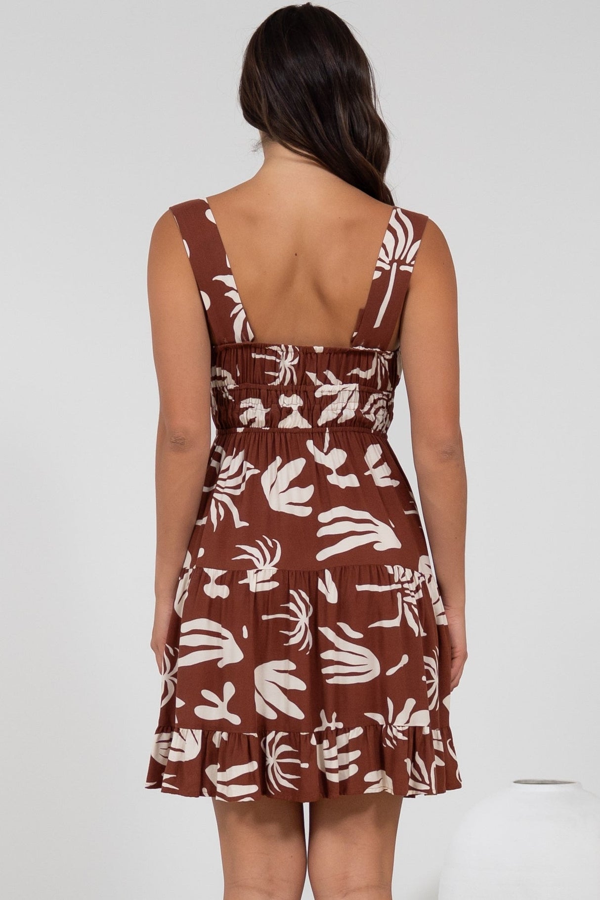 Jessie Mini Dress - Gathered Bodice Spaghetti Strap Sun Dress in Stassie Print Brown