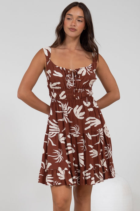 Jessie Mini Dress - Gathered Bodice Spaghetti Strap Sun Dress in Stassie Print Brown