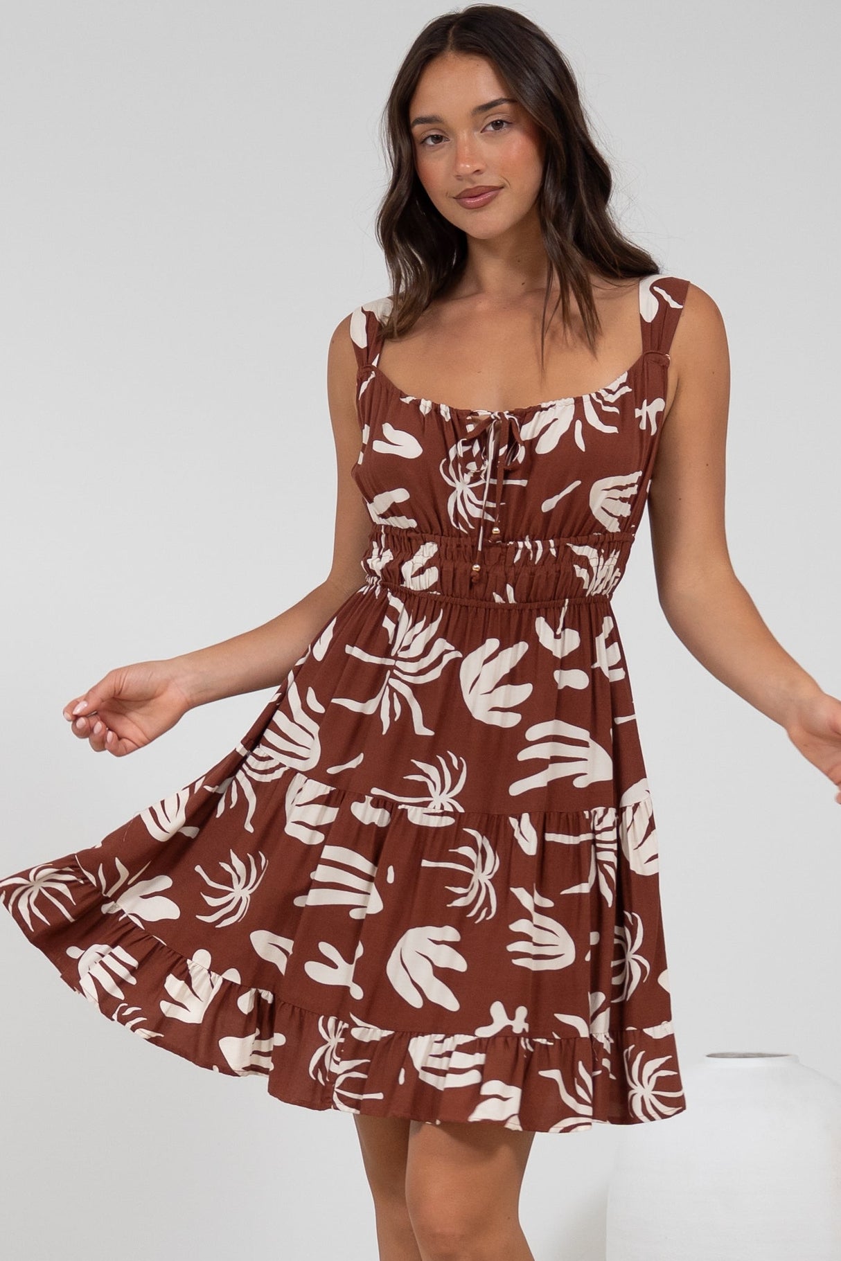 Jessie Mini Dress - Gathered Bodice Spaghetti Strap Sun Dress in Stassie Print Brown
