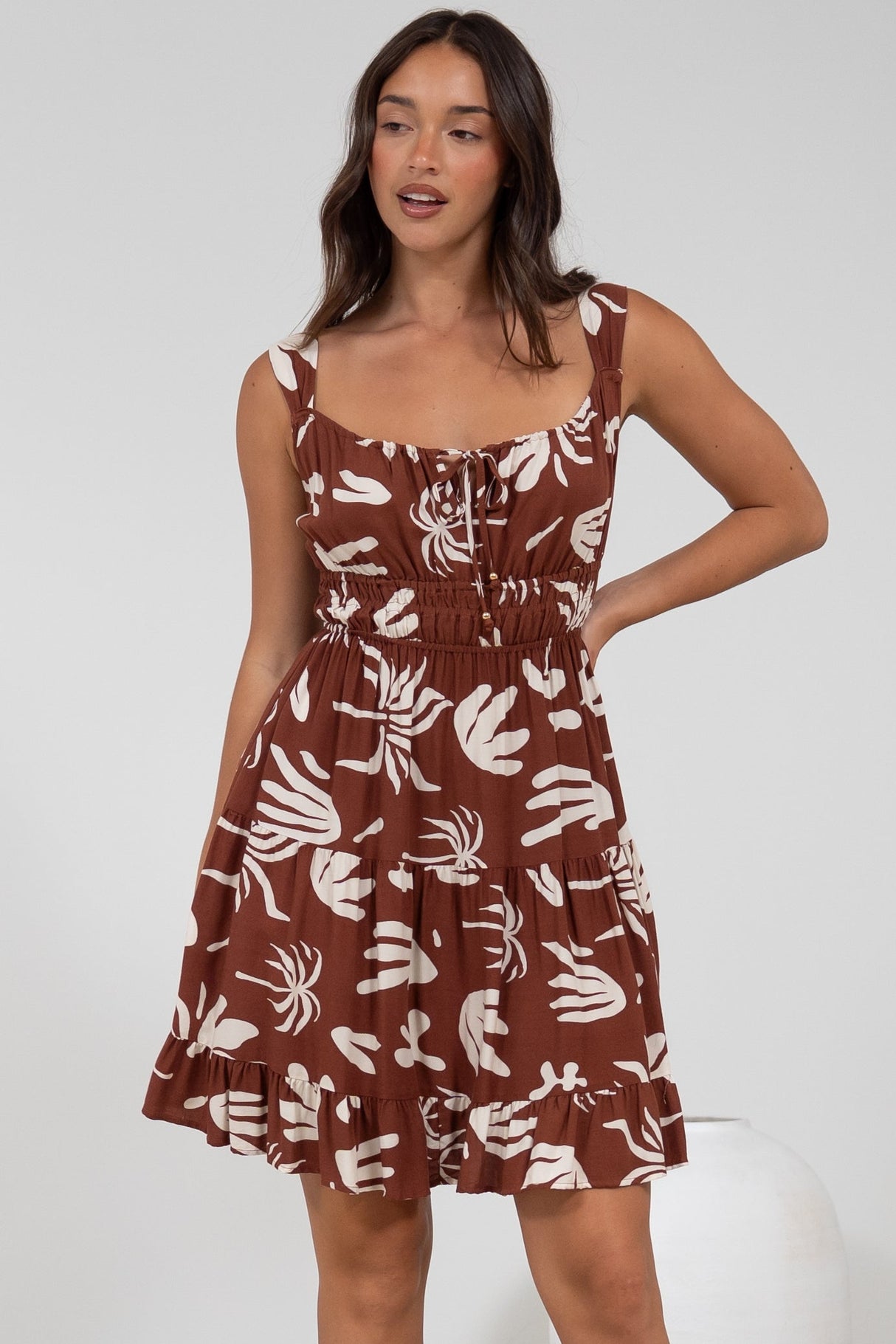Jessie Mini Dress - Gathered Bodice Spaghetti Strap Sun Dress in Stassie Print Brown