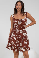 Jessie Mini Dress - Gathered Bodice Spaghetti Strap Sun Dress in Stassie Print Brown