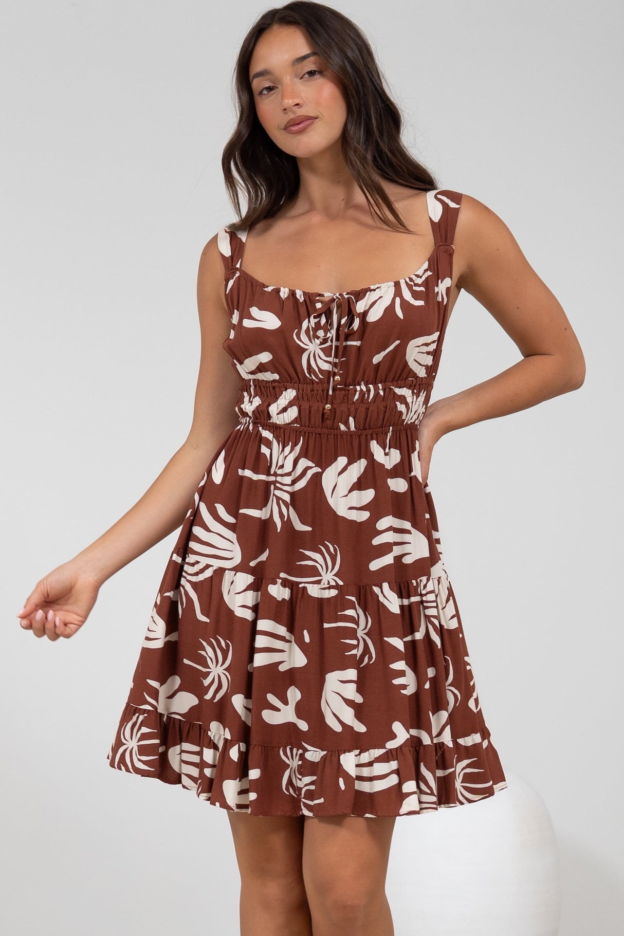 Jessie Mini Dress - Gathered Bodice Spaghetti Strap Sun Dress in Stassie Print Brown