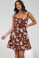 Jessie Mini Dress - Gathered Bodice Spaghetti Strap Sun Dress in Stassie Print Brown