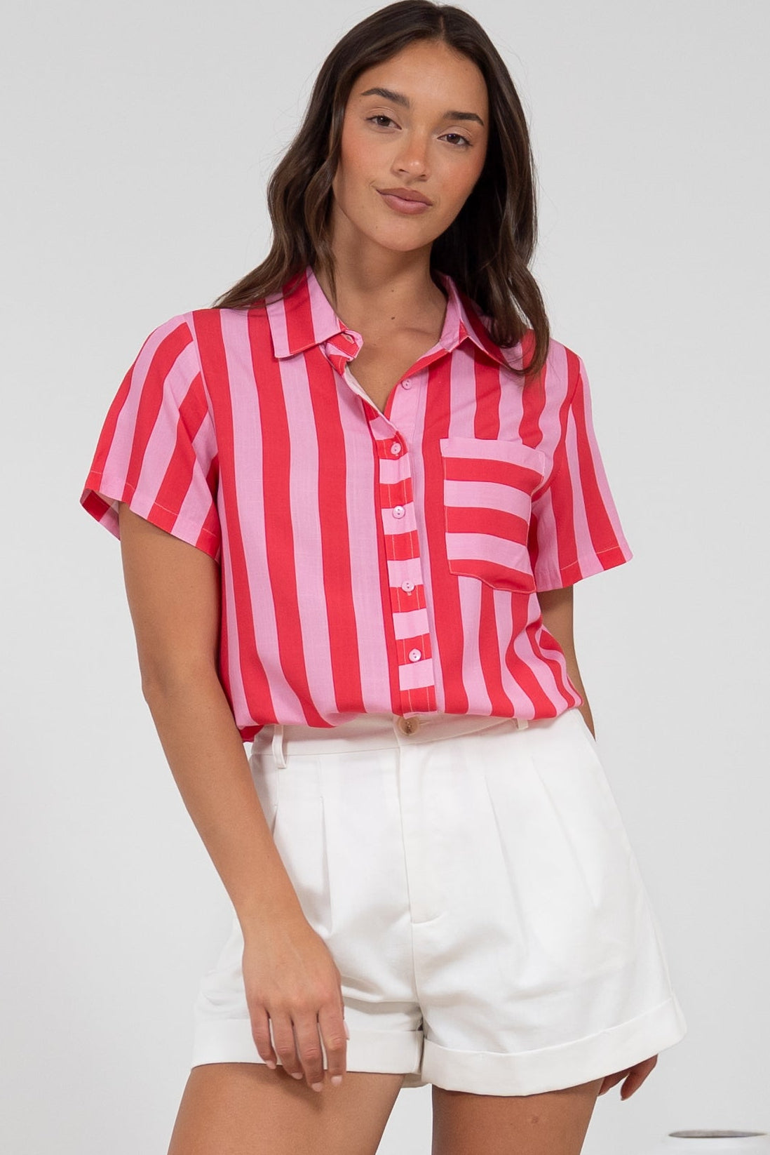 Wynn Shirt - Collared Button Down with Pocket in Gaubi Print Pink