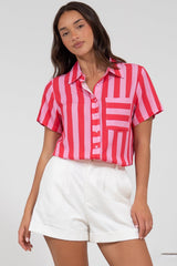Wynn Shirt - Collared Button Down with Pocket in Gaubi Print Pink
