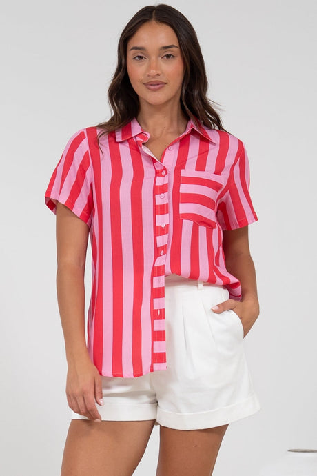 Wynn Shirt - Collared Button Down with Pocket in Gaubi Print Pink