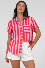 Wynn Shirt - Collared Button Down with Pocket in Gaubi Print Pink