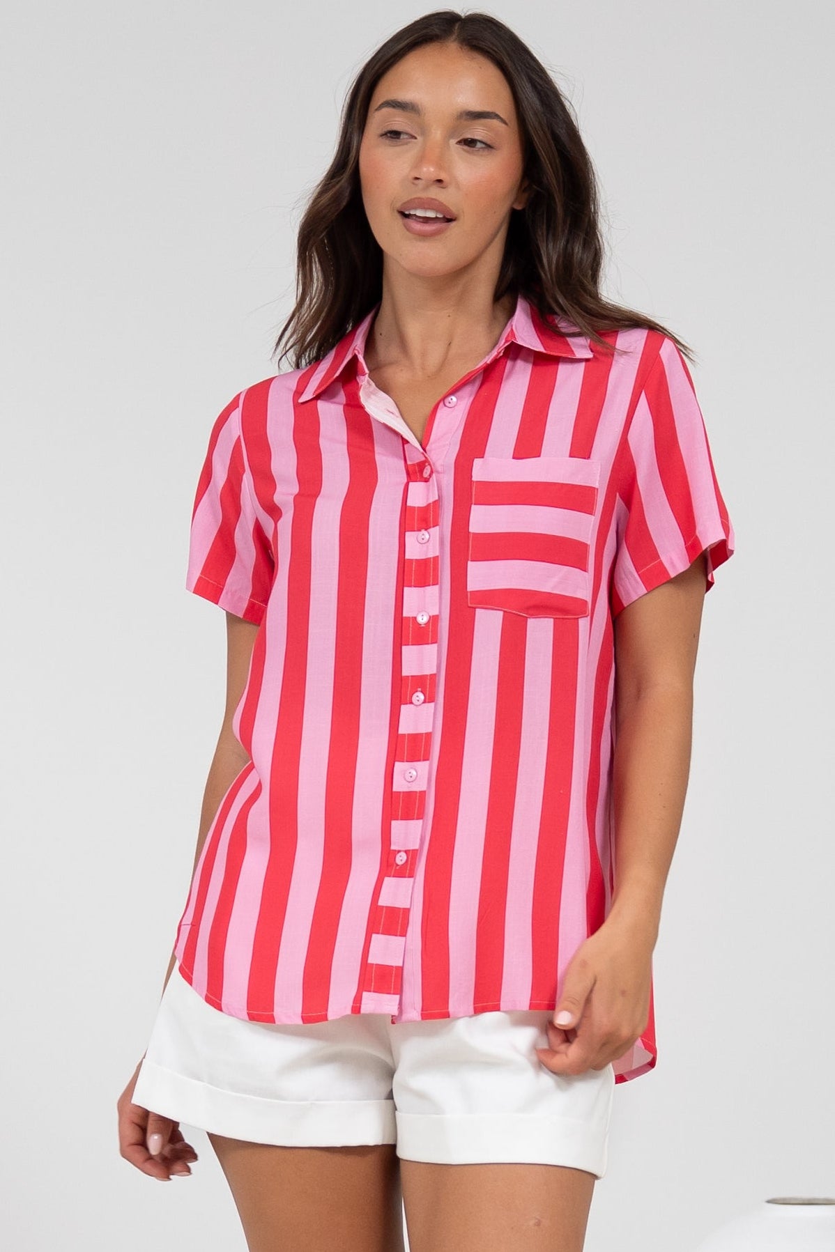 Wynn Shirt - Collared Button Down with Pocket in Gaubi Print Pink