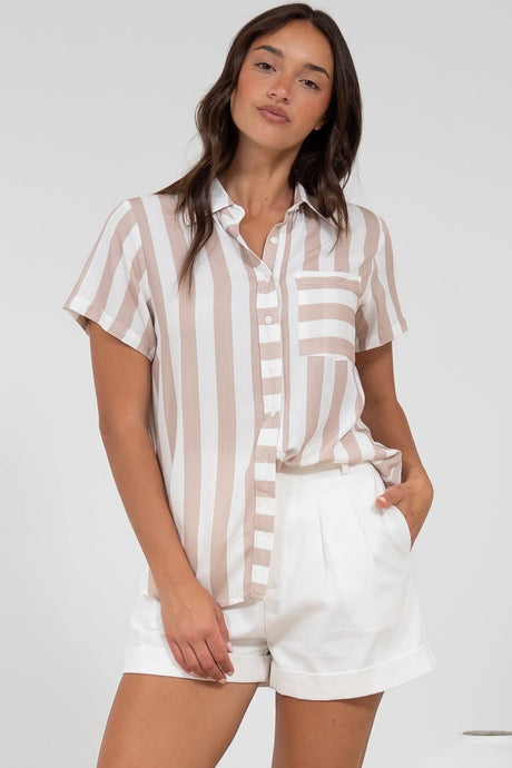 Wynn Shirt - Collared Button Down with Pocket in Gaubi Print Beige