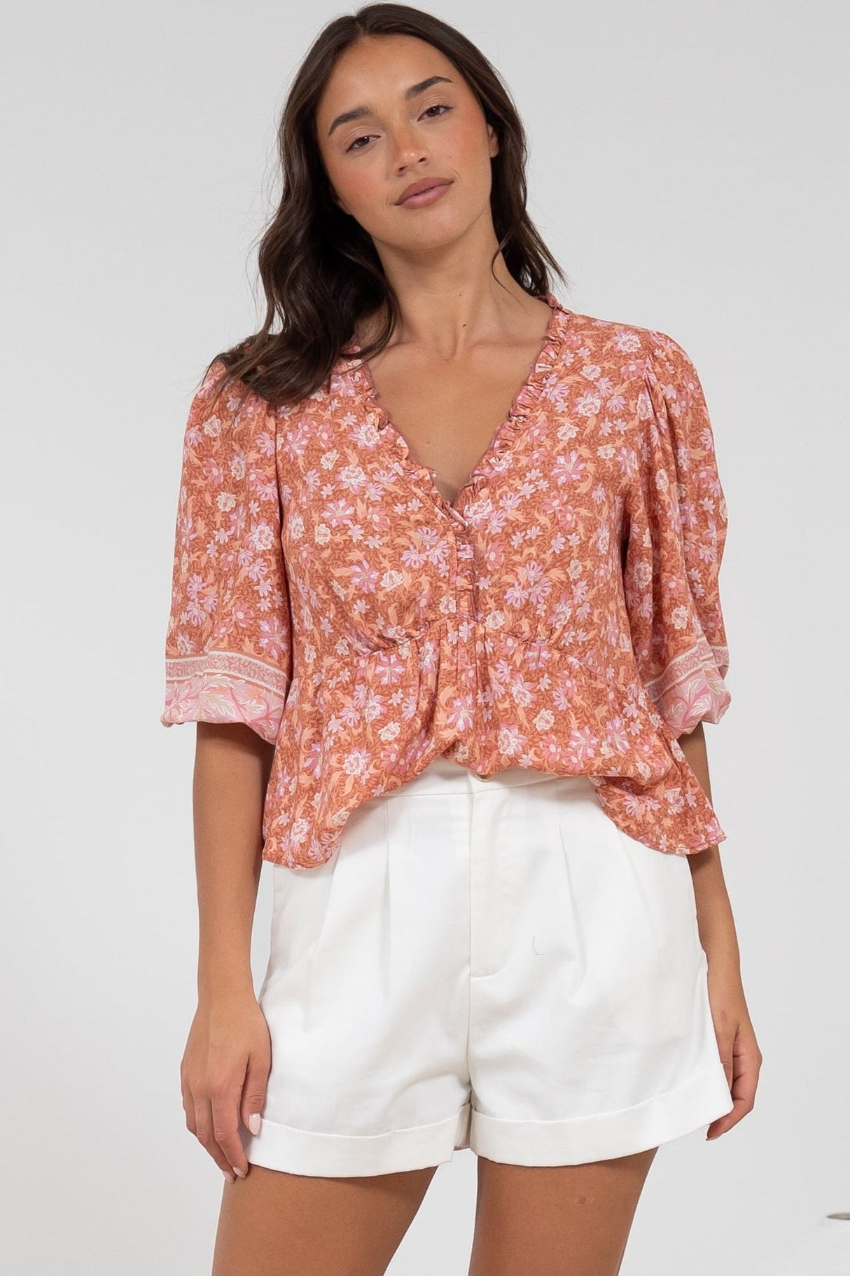 Celine Top - Ruffle Trim Pull Over with 3/4 Sleeves in Diantha Print