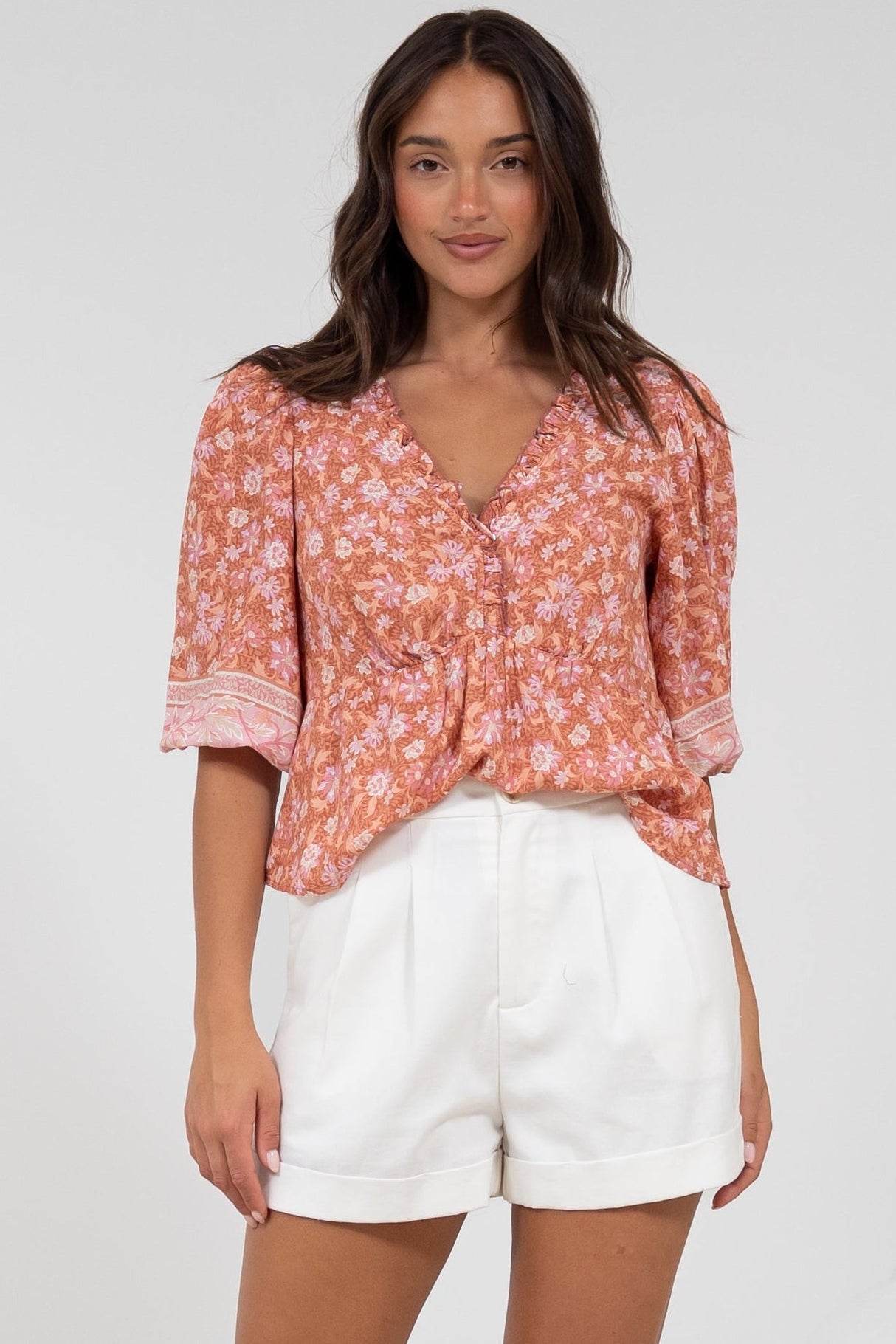 Celine Top - Ruffle Trim Pull Over with 3/4 Sleeves in Diantha Print
