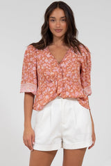 Celine Top - Ruffle Trim Pull Over with 3/4 Sleeves in Diantha Print