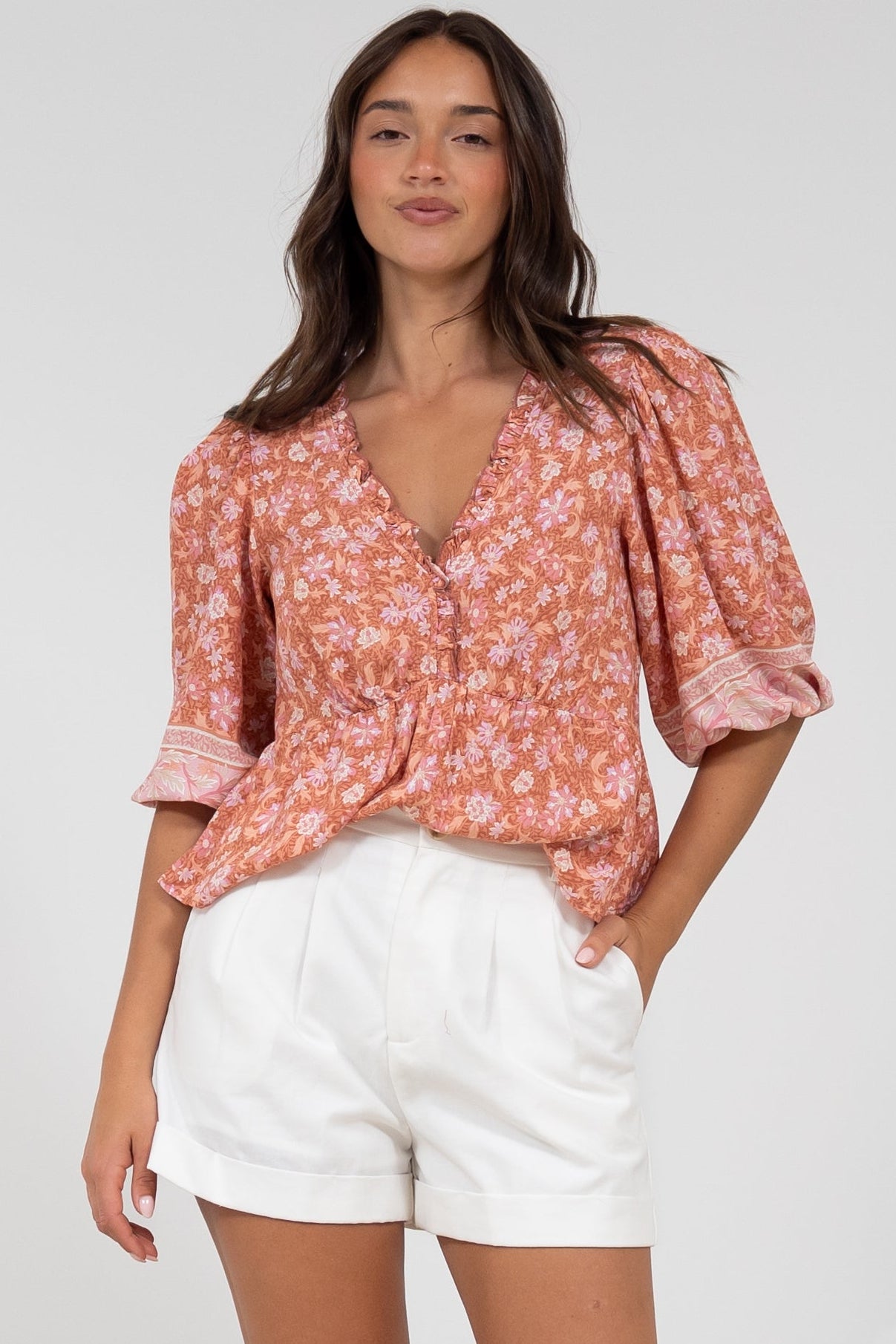 Celine Top - Ruffle Trim Pull Over with 3/4 Sleeves in Diantha Print