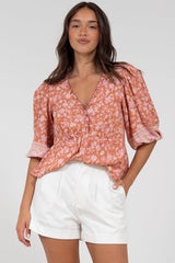 Celine Top - Ruffle Trim Pull Over with 3/4 Sleeves in Diantha Print