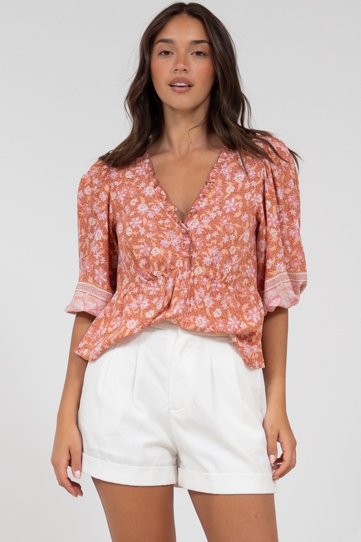Celine Top - Ruffle Trim Pull Over with 3/4 Sleeves in Diantha Print
