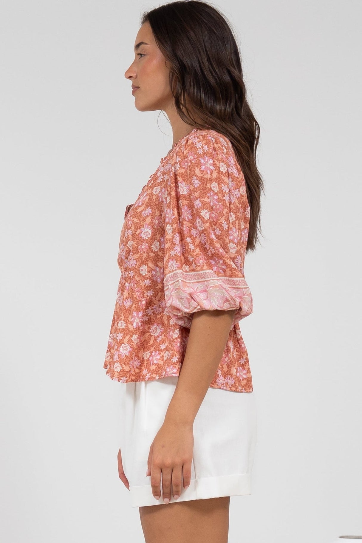 Celine Top - Ruffle Trim Pull Over with 3/4 Sleeves in Diantha Print