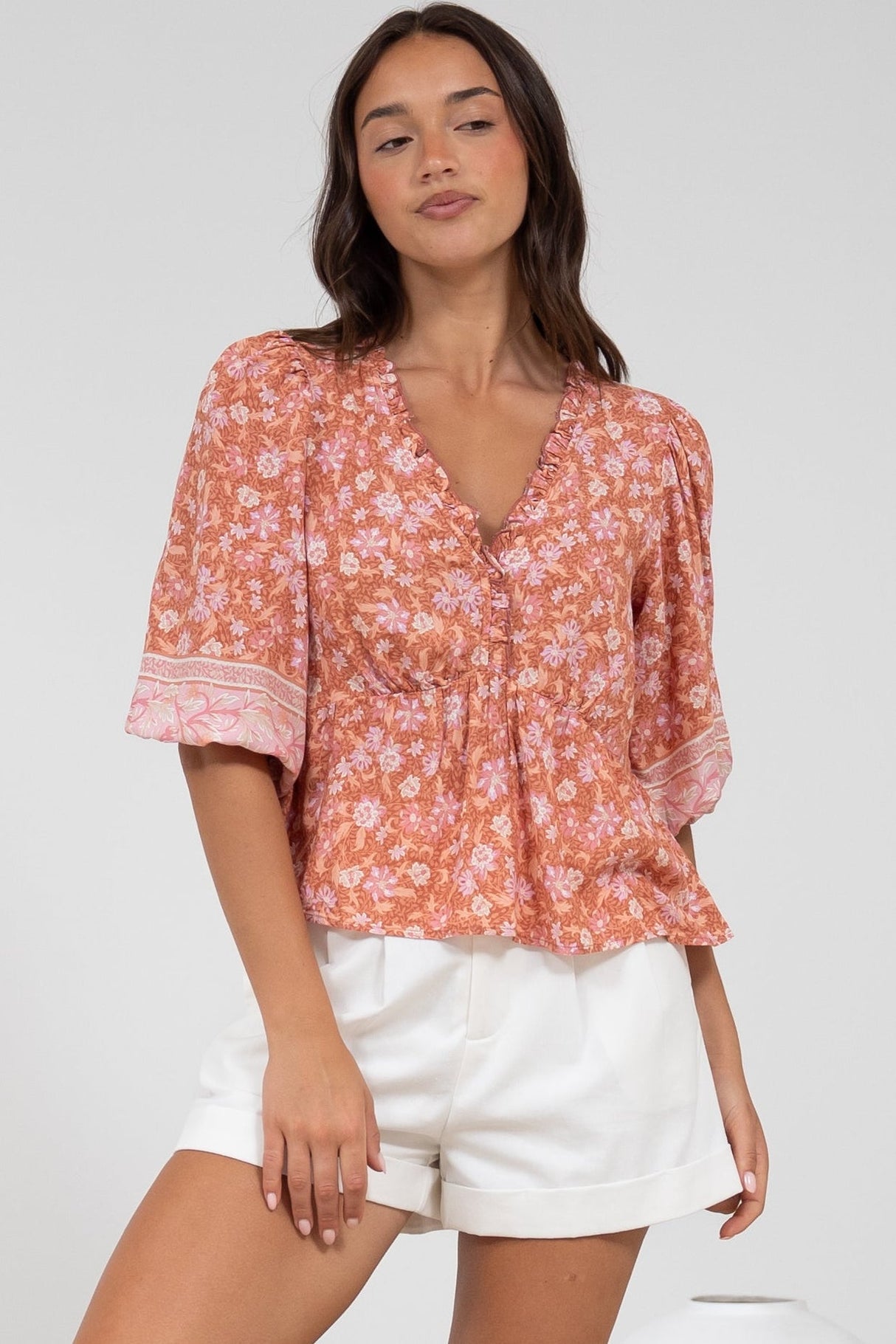Celine Top - Ruffle Trim Pull Over with 3/4 Sleeves in Diantha Print