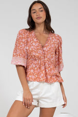 Celine Top - Ruffle Trim Pull Over with 3/4 Sleeves in Diantha Print