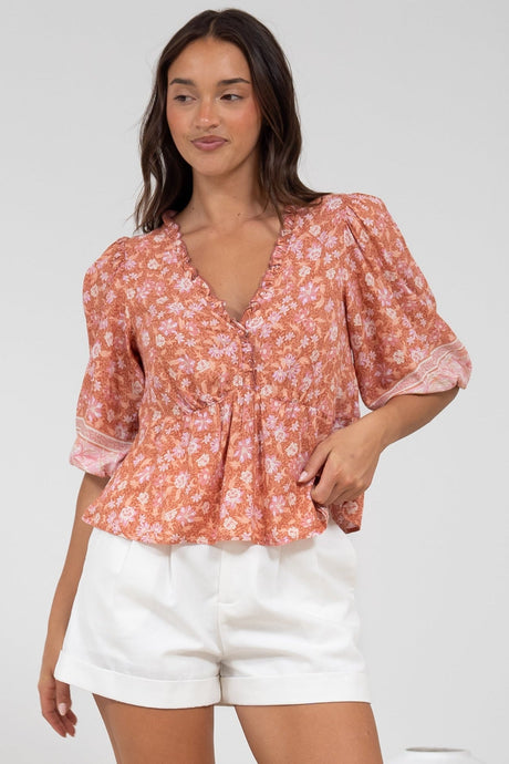 Celine Top - Ruffle Trim Pull Over with 3/4 Sleeves in Diantha Print