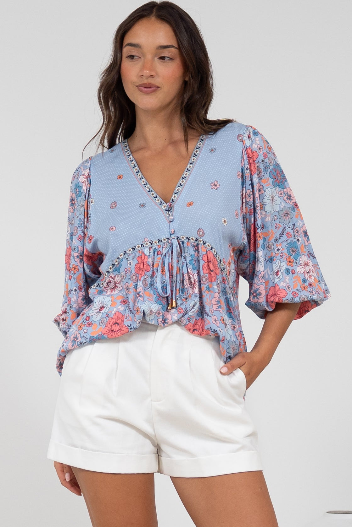 Joelle Top - V Neck High-Low Top in Marlo Print