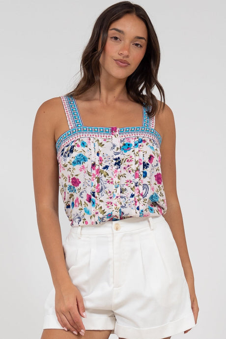 Aspa Top - Thick Adjustable Strap Button Front Crop in Gardner Print