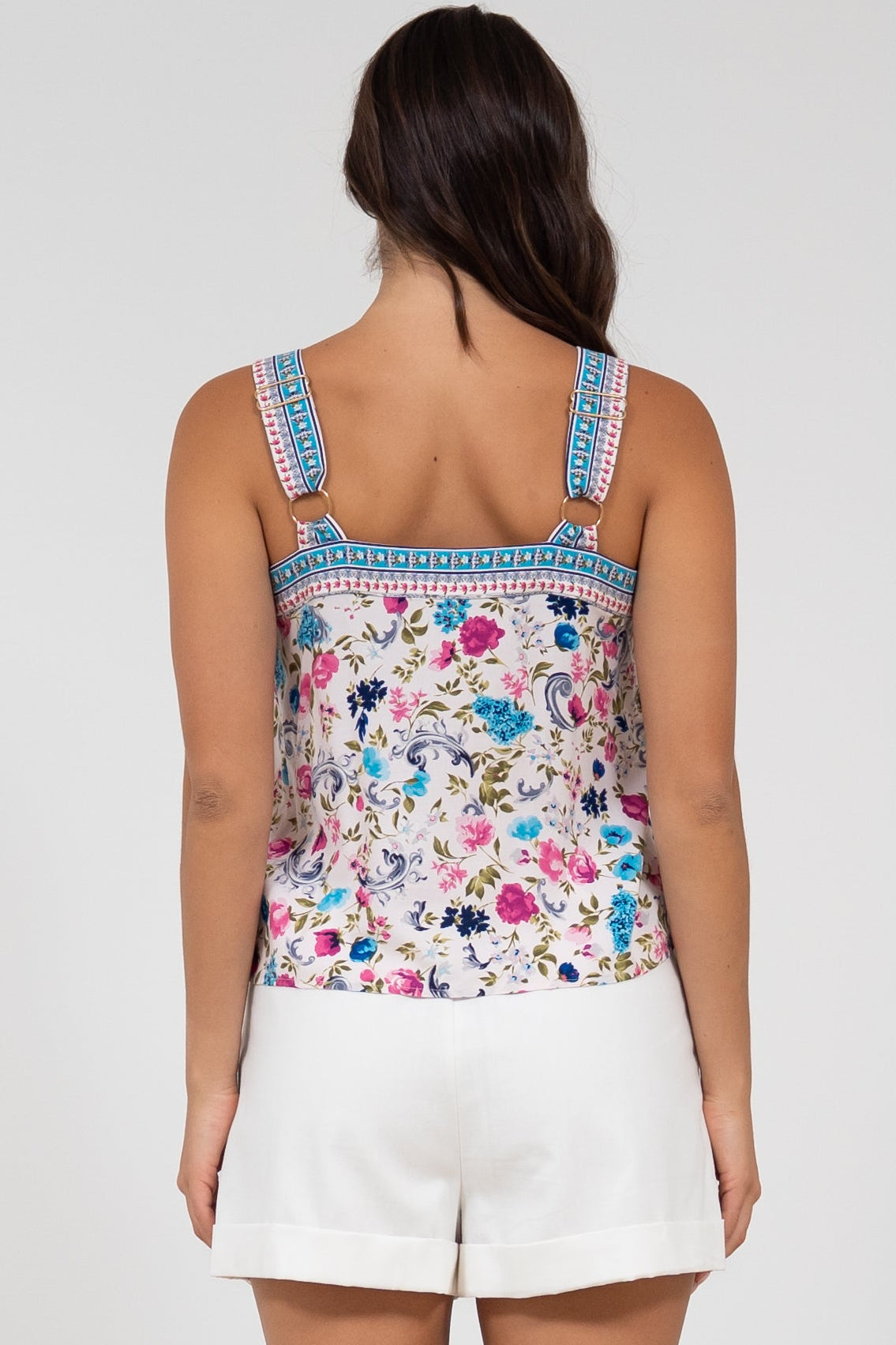 Aspa Top - Thick Adjustable Strap Button Front Crop in Gardner Print