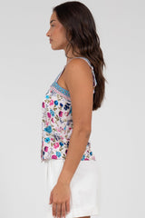 Aspa Top - Thick Adjustable Strap Button Front Crop in Gardner Print