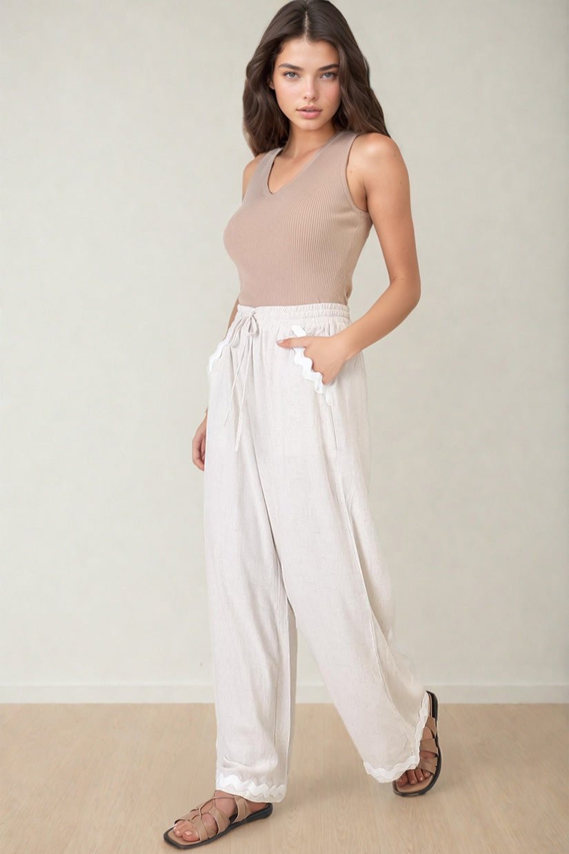 Bailie Linen Pants - Rick Rack Detailed Straight Leg Pants in Oat