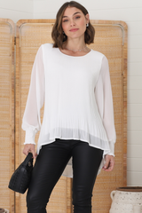 Kayt Blouse - Plisse Long Sleeve Top with High-Low Hemline in White