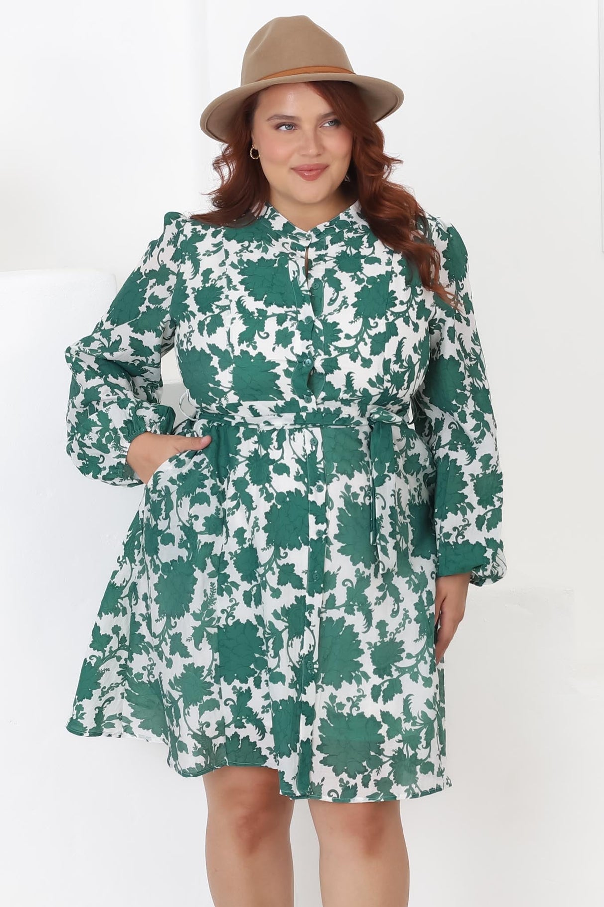 Esther Mini Dress - High Mandarin Collar Buttoned Dress with Waist Tie in Demi Green