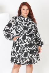 Esther Mini Dress - High Mandarin Collar Buttoned Dress with Waist Tie in Demi Black