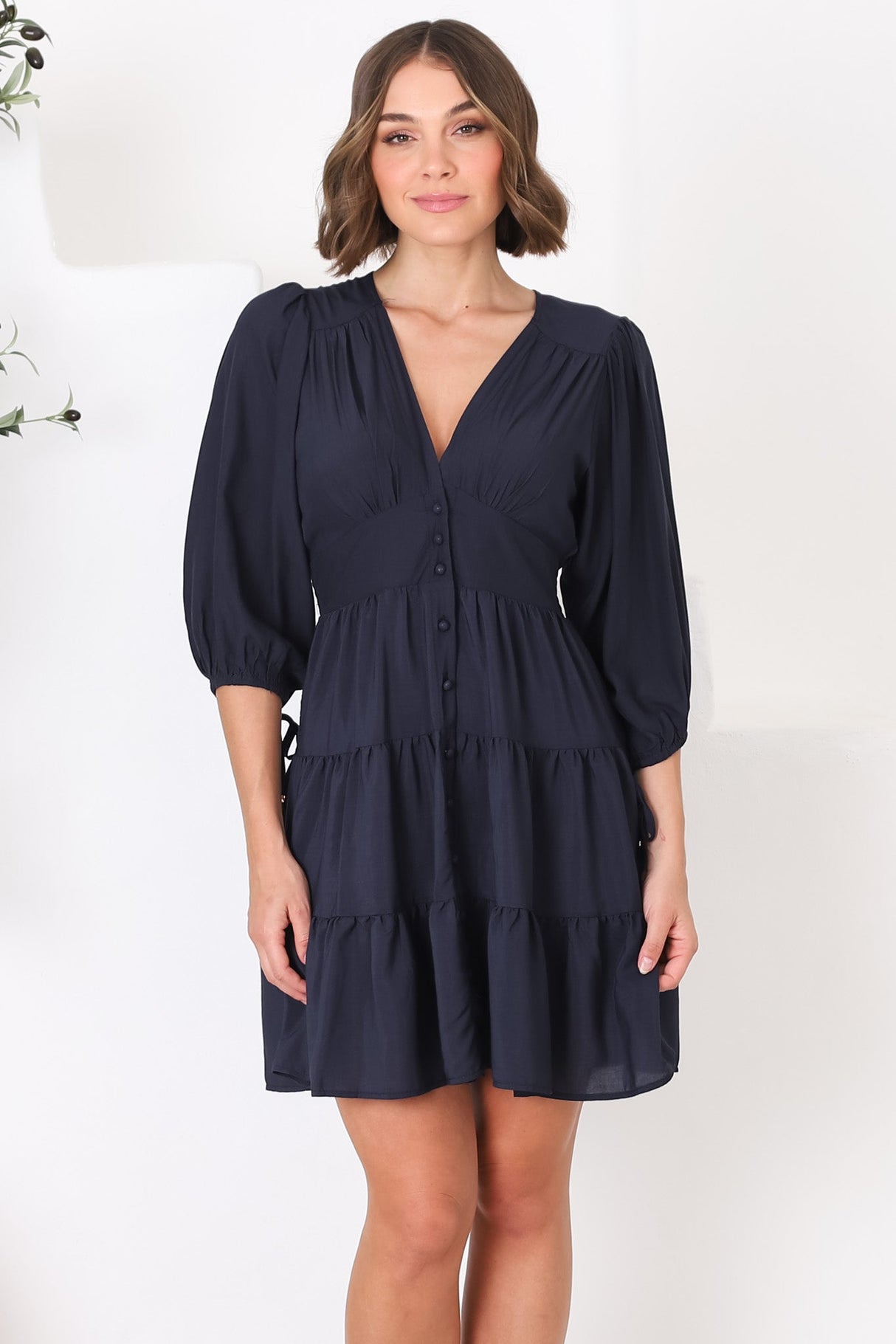 Amilia Mini Dress - Tiered Button Down Dress in Navy