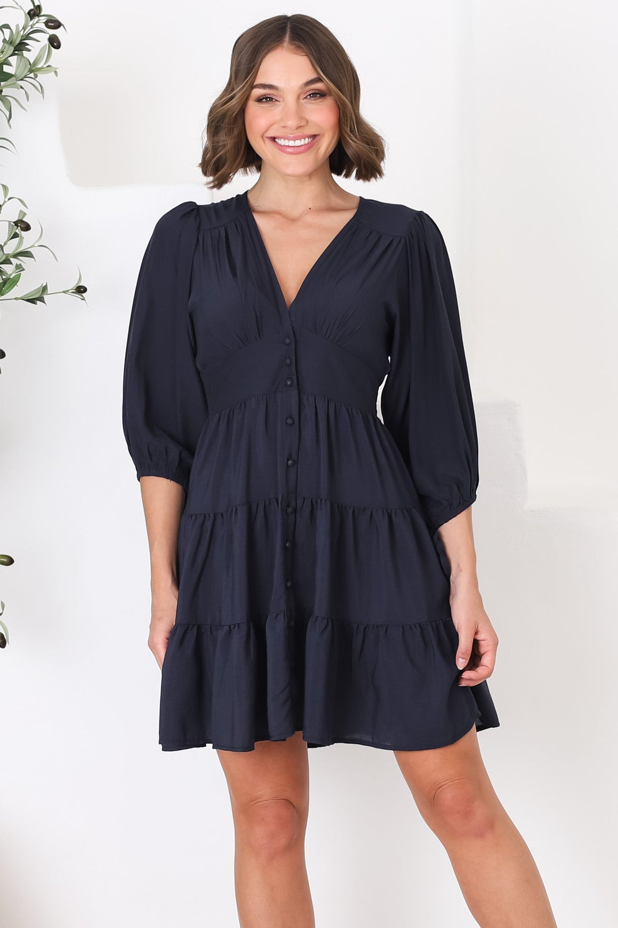 Amilia Mini Dress - Tiered Button Down Dress in Navy