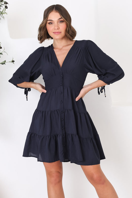 Amilia Mini Dress - Tiered Button Down Dress in Navy