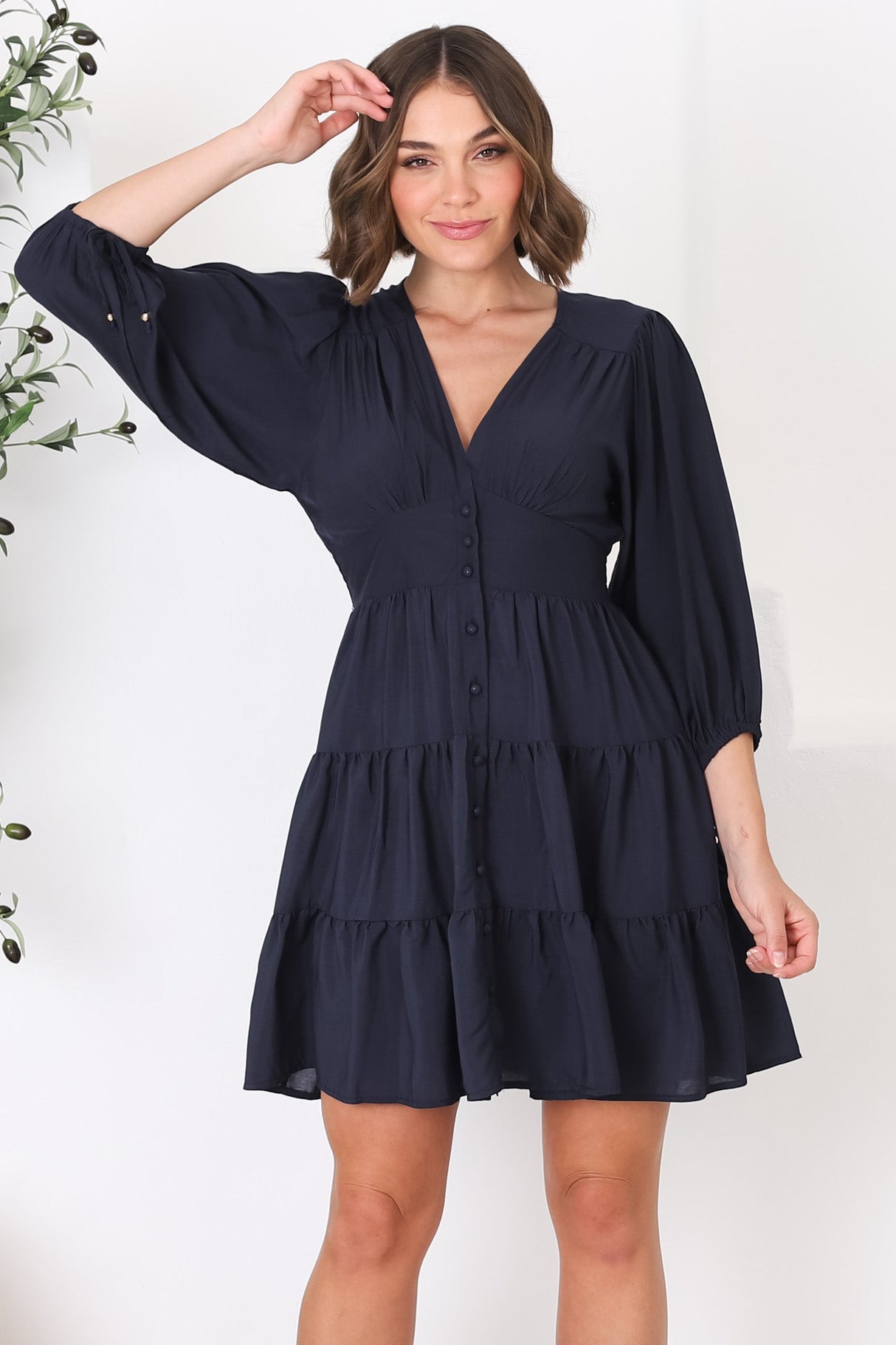 Amilia Mini Dress - Tiered Button Down Dress in Navy