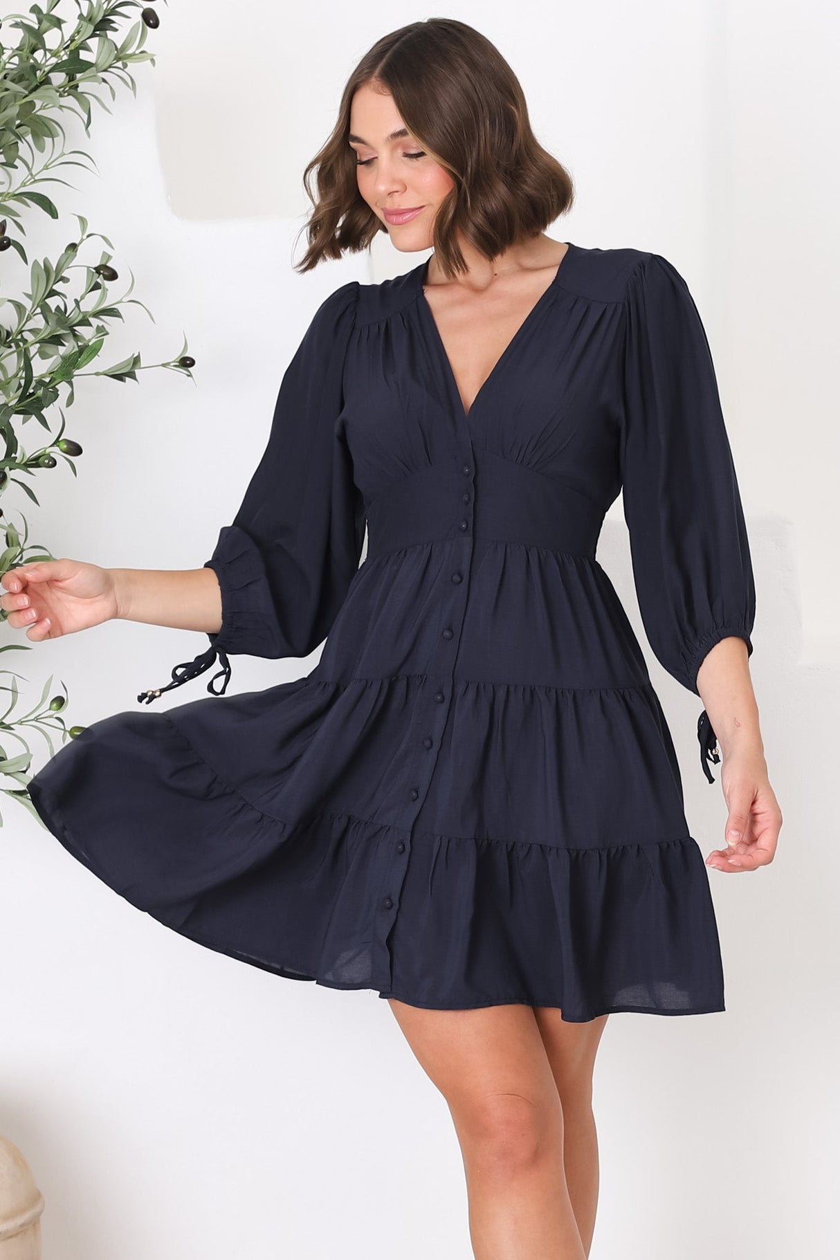 Amilia Mini Dress - Tiered Button Down Dress in Navy