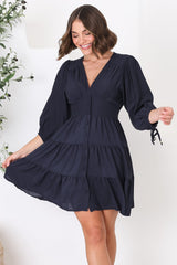 Amilia Mini Dress - Tiered Button Down Dress in Navy