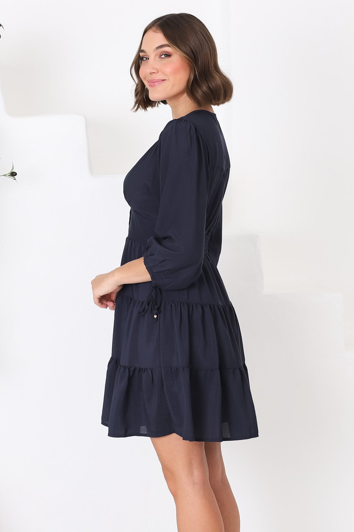 Amilia Mini Dress - Tiered Button Down Dress in Navy