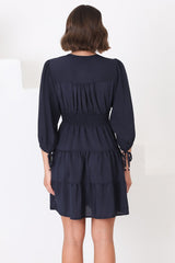 Amilia Mini Dress - Tiered Button Down Dress in Navy