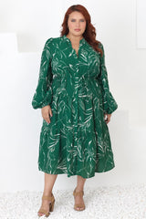 Brea Midi Dress - High Mandarin Collar Button Down Dress in Ivy Print Green