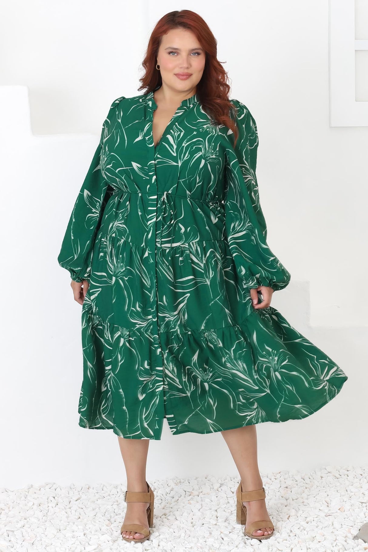 Brea Midi Dress - High Mandarin Collar Button Down Dress in Ivy Print Green