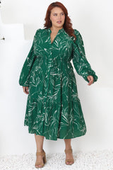 Brea Midi Dress - High Mandarin Collar Button Down Dress in Ivy Print Green